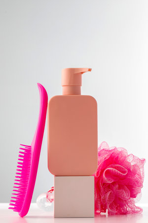 Chic pink dispenser with shampoo or gel on podium, ideal for spa branding with copy space.の写真素材