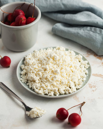 Fresh homemade crumbly cottage cheese in a bowl, farm-fresh produce.