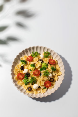 Colorful pasta salad with farfalle, cherry tomatoes, olives, mozzarella, broccoli, and parsley on a white backgroundの写真素材