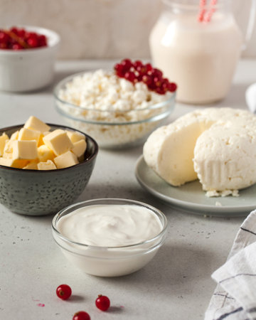A variety of dairy products including cottage cheese, sour cream, and butter, with red currants