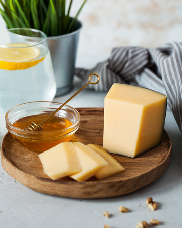 A wooden plate with cheese slices and honey, a glass of water with lemonの写真素材