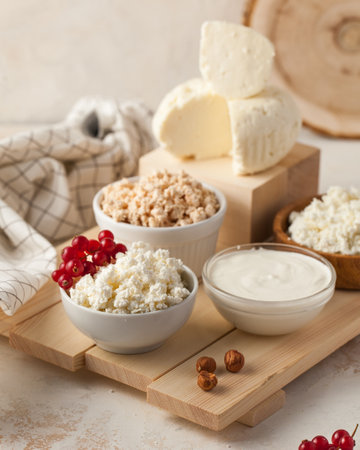 Assorted dairy products including cottage cheese and sour cream on a wooden board. Dairy productの写真素材