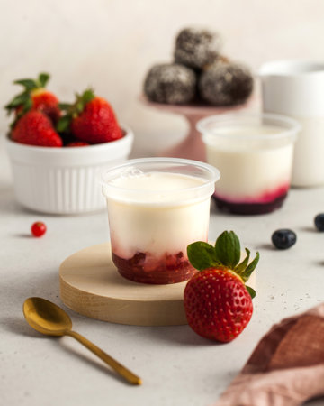 Yogurt with strawberry jam and berries on kitchen tableの写真素材