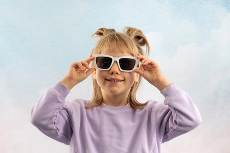 Happy young lady smiles broadly putting on sunglassesの写真素材