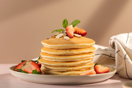 Delicious Fluffy Pancakes with Fresh Strawberries and Almonds and a Touch of Sweetness