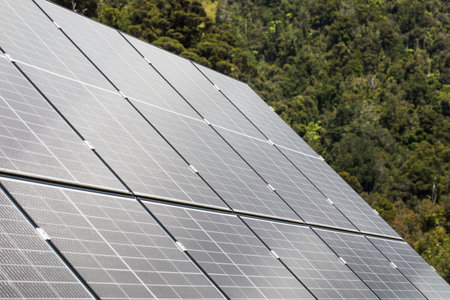 Sustainable energy solution with solar panels in nature setting. Eco Friendlyの写真素材