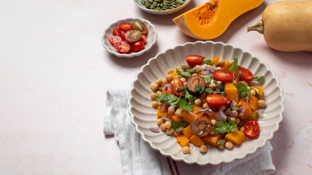 Fresh chickpea and pumpkin salad with tomatoes and herbs for healthy eating. Copy spaceの写真素材