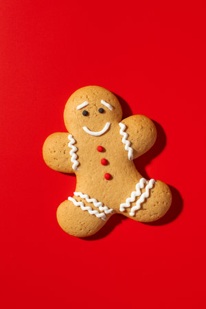 Festive gingerbread man cookie on red background. Cozy winter mood. Christmas and New Yearの写真素材