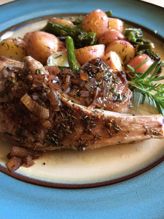 Lamb Chop Meal with Red Potatoes, Asparagus and Rosemaryの写真素材