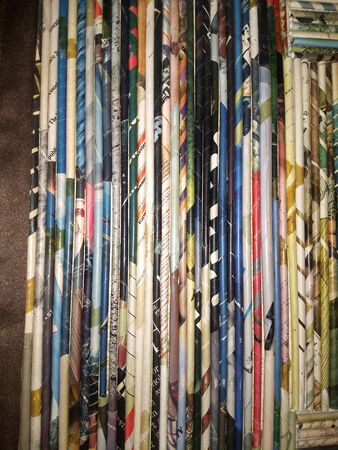 Wall covering made of rolled magazine pagesの写真素材