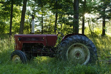 tractor in the field with trees behindの写真素材