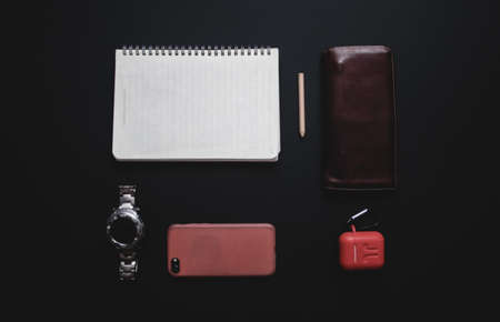 paper, business, dark, wrist watch, notebook, office, red phone, black, headphones, airpods, design,...