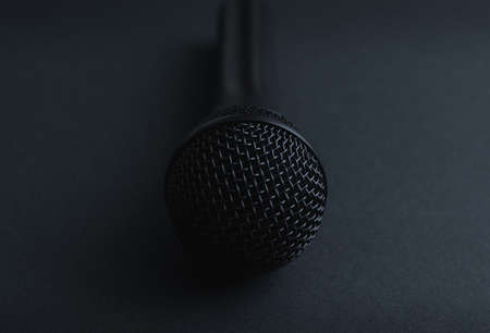 Microphone, vocal, sound equipment, audio, vocal black, design, desktop, dark, background, flat lay,...