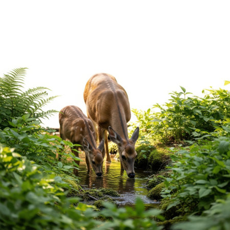 This image features two deer drinking water from a small pond surrounded by lush green foliage. The image is set against a transparent background, making it ideal for various digital applications.の素材