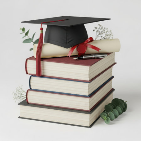 A graduation cap and diploma sit atop a stack of books, symbolizing the culmination of education and the pursuit of knowledge.の素材