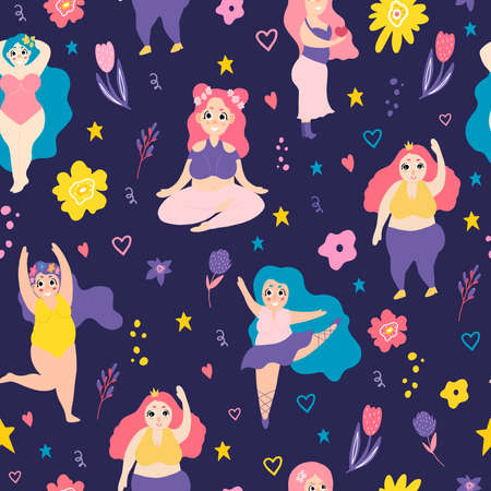 Body positive. Seamless pattern with plus size women. The ballerina is dancing. The girl does gymnastics. Stylish full girls in swimsuits, dresses with flowers. Decoration of decorative wallpaper.のイラスト素材