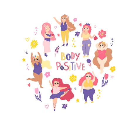 Set with women plus size. The ballerina is dancing. The girl does gymnastics. Stylish plump girl is engaged in sports, meditation. Feminism. Doodle style. Body positive.のイラスト素材