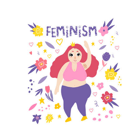 The plus-size girl is happy. A stylish plump girl with a crown says hello. Feminism. Doodle style. The body is positive. Flat doodle style. A fat woman enjoys life.のイラスト素材