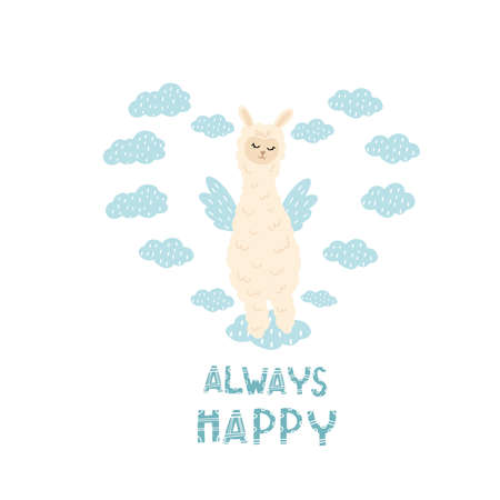 A llama with wings. Print for girls. Print for T-shirt, dress, pillow, mug with flying llama and clouds. Decoration of children's things, rooms. Magic print for small children.のイラスト素材