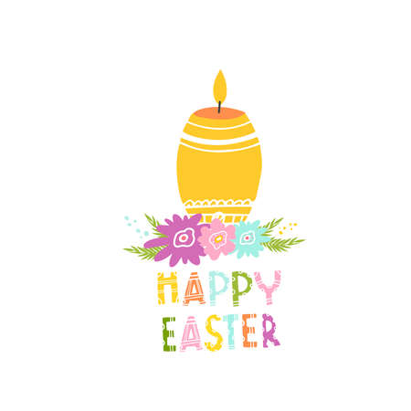 A candle for a happy Easter. Vector isolated illustration with an Easter card. Decorative candle for printing on clothes, fabrics, dishes, towels. Doodle style. Design for a holiday.のイラスト素材