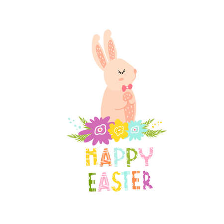 Cute bunny with flowers for Easter card decoration. Pink hare for printing on clothes, fabrics, dishes, towels. Doodle style. Design for a holiday. Cute Easter animal with flowers.のイラスト素材