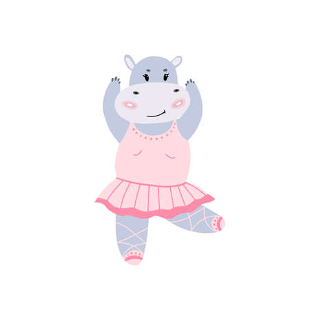 Little Princess hippo in a pink dress. Holiday decoration for girls. Cute print on clothes for girls with animals. Hippopotamus - ballet dancer. A dancing animal in a dress.のイラスト素材