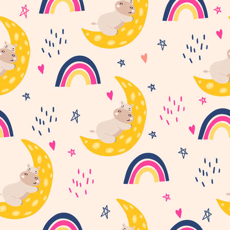 Seamless pattern with a small hippopotamus. Vector illustration with a baby pattern with a hippo sleeping on the moon. A pattern for the design of a children's room. Flat doodle style.のイラスト素材