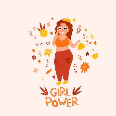 Plus-size woman. Girl Power. Feminism. Doodle style. The body is positive. Beautiful chubby girl posing in a swimsuit. Love yourself. Love your body. Flat doodle style. A girl loves her body.のイラスト素材