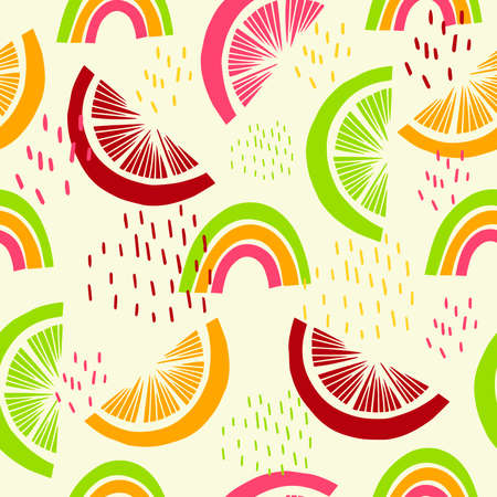 Seamless pattern with tropical fruits. Citrus fruits for decoration of summer dresses, clothes, fabrics, wallpaper. Orange, pink, green rainbows for printing on fabrics. Flat doodle style.のイラスト素材