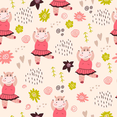 Seamless pattern with a small hippopotamus ballerina. Vector illustration with a child's pattern with a hippo dancing. A pattern for the design of a children's room. Flat doodle style.のイラスト素材
