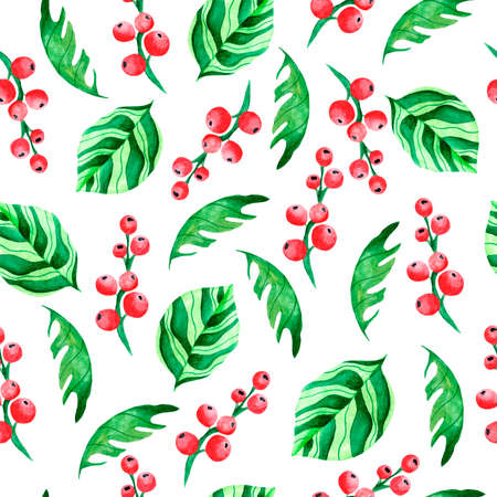 Watercolor seamless pattern with tropical red berries. ... Pattern with berries. Watercolor design of fabrics with leaves. Design of dishes, Wallpaper, and clothing. Tropical leaves, herbs, currants.の写真素材