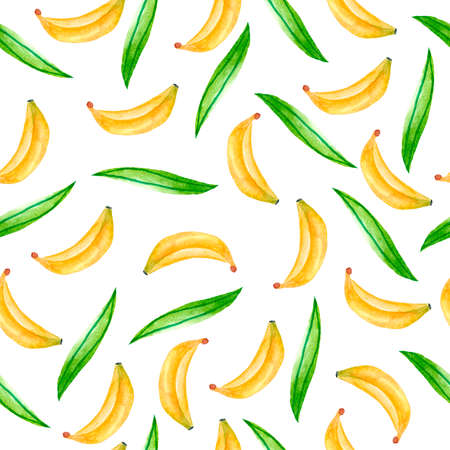Watercolor seamless pattern with tropical bananas. Design for dresses with bananas. Seamless fruit illustration for Wallpaper, fabrics, tableware, and postcards. The watercolor fruit design.の写真素材