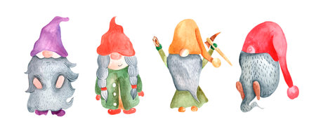 Fairy gnomes. Autumn set with dwarves for decoration of postcards, books, notebooks, posters, pictures, children's room. Watercolor illustration with little people on holiday. Children's fairy print.の写真素材