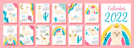 Calendar 2022 and planner. Cute llama in the style of cartoon, a children's character. 12 months - calendar with a children's print-lama. Week starts on Sunday. New Year's 2022. The Year of the Tiger.のイラスト素材