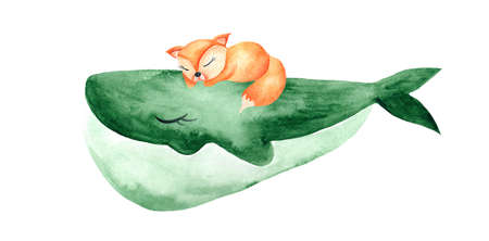 Watercolor blue whale with a sleeping fox. Children's print for decoration of clothes, fabrics with a cute cat and a fox. Sea water color animals and wild cunning beast. Cartoon animalsの写真素材