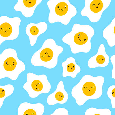 A pattern with a cute omelet. Seamless pattern with scrambled eggs for the design of fabrics, clothing, wallpaper. Kawaii with omelet. Cute set for printing in a cafe, tablecloths, towels.のイラスト素材