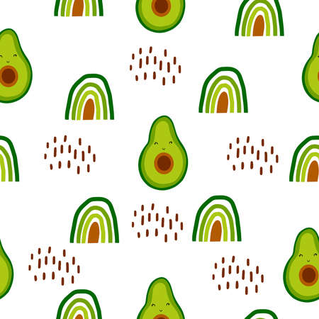 Seamless pattern with avocado and rainbow. Vector illustration with avocado for decorating dresses, clothes, fabrics, wallpapers. Flat doodle style. Hand-drawn. Kawaii fruit and rainbow.のイラスト素材