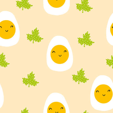 A pattern with a boiled egg and parsley. Seamless pattern with scrambled eggs for the design of fabrics, clothing, wallpaper. Kawaii with omelet. Cute set for printing in a cafe, tablecloths.のイラスト素材