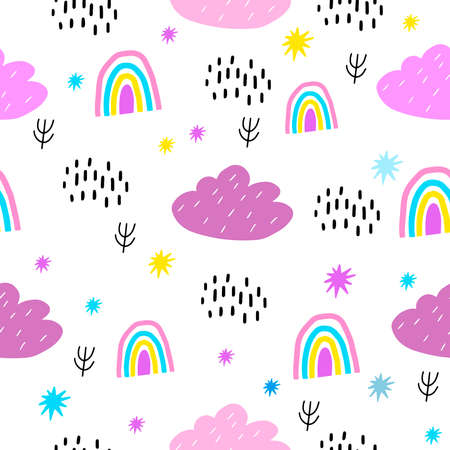 Rainbow seamless pattern for decorating children's clothing, fabrics, and rooms. Clouds and...