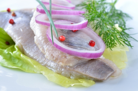 Two white herrings on a white plateの写真素材