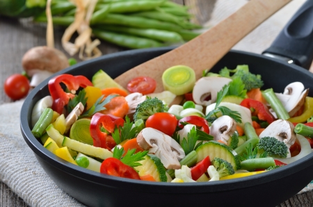 Mixed fresh vegetables in a skilletの写真素材