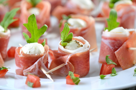 Mozzarella balls with delicious South Tyrolean smoked baconの写真素材