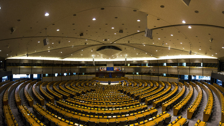An empty hall in the European Parliament Brussels, Belgium, 06.26.2016. Editorial use only. a huge...