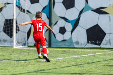 children play football on a green field. motion effect. children in a red team play against children in a dark team. football children's football tournament on artificial grass.の写真素材