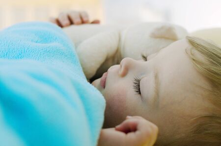 Close-up portrait of cute little boy sleeping with his teddy. Child concept.の写真素材