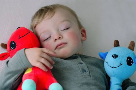 Cute boy likes sleeping with his stuffed animals. Toddler holds his favorite stuffed toys. Child concept.の写真素材