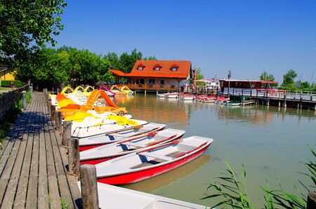 Picturesque port of rental boats in Illmitz, Neusiedl lake, Austria.の写真素材