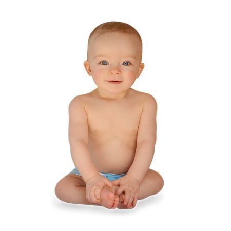 Sitting baby having cloth diaper. Isolatedの写真素材