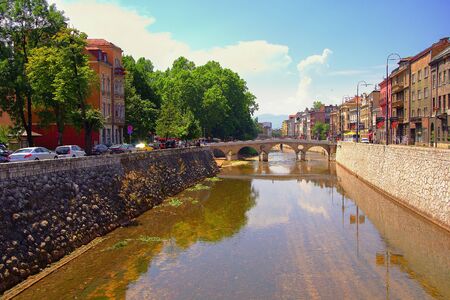 SARAJEVO, BOSNIA AND HERZEGOVINA - JULY 07, 2017. View over Miljacka River in Sarajevo, Bosnia and Herzegovinaのeditorial素材