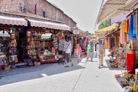 SARAJEVO, BOSNIA AND HERZEGOVINA - JULY 07, 2017 Traditional market place with touristsのeditorial素材